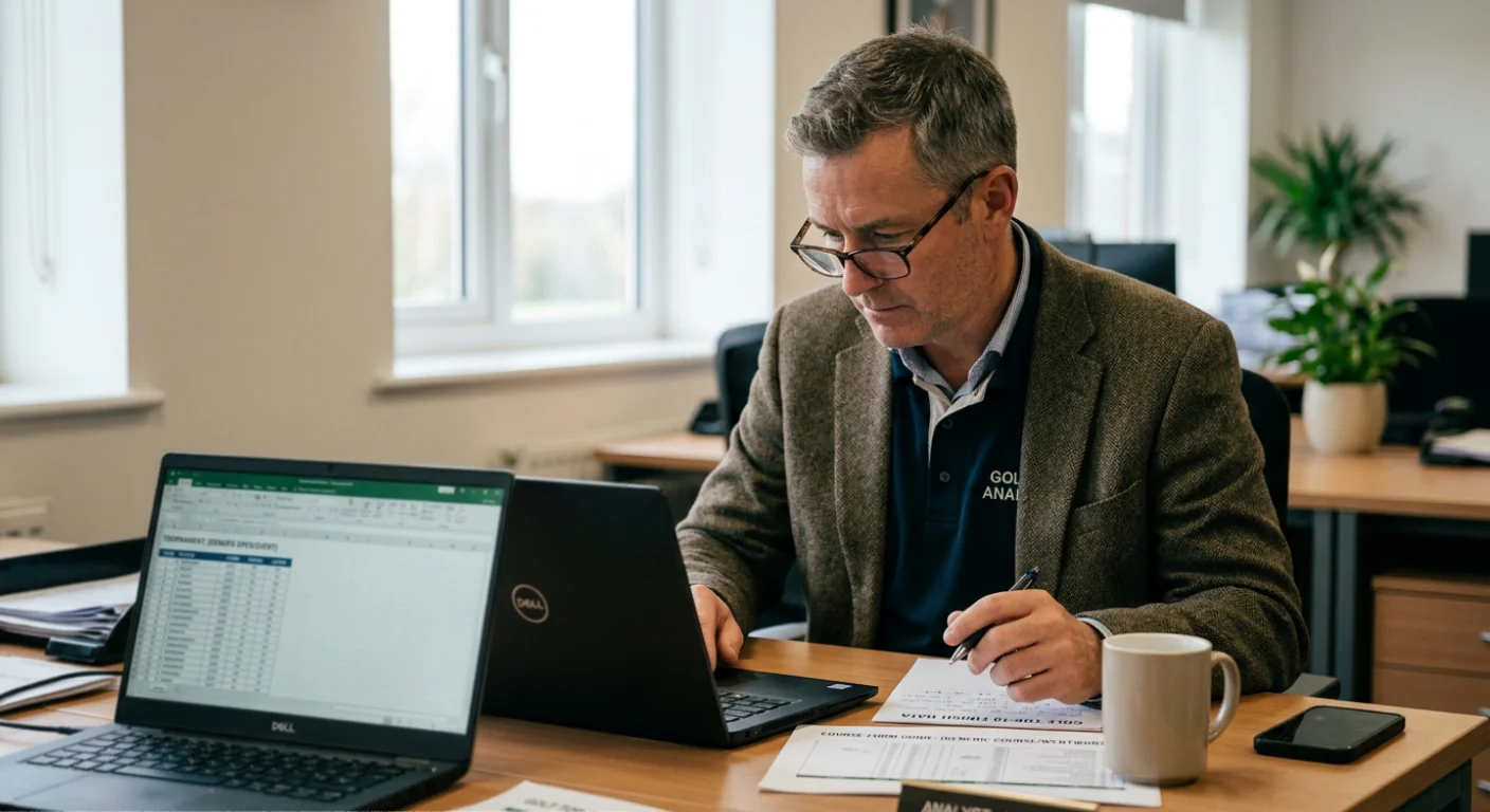 Golf analyst reviewing course history data and previous results at a specific tournament venue
