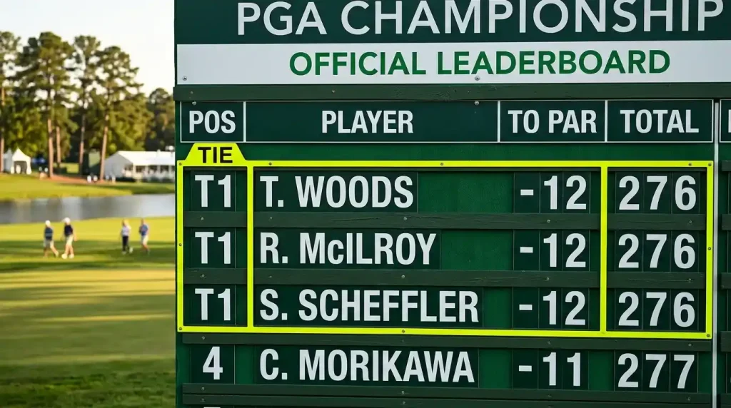 Golf tournament leaderboard showing tied players at the same finishing position illustrating dead heat rules