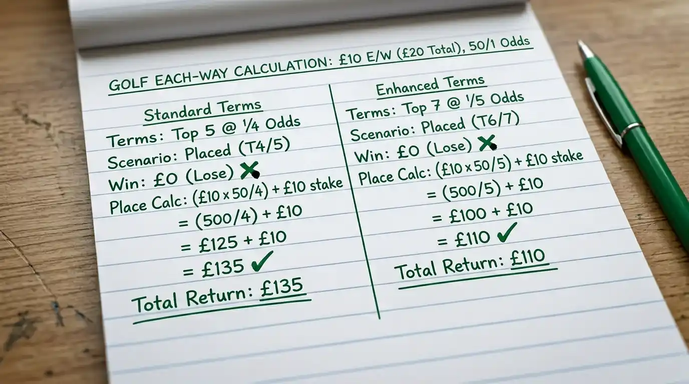 Simple calculation written on a notepad showing each-way place odds and stake breakdown