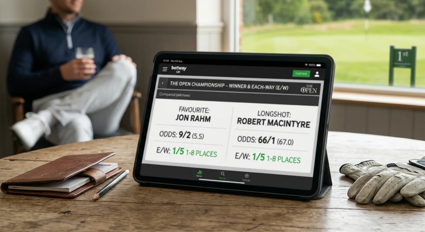 Golf odds comparison showing favourite at short price versus longshot at big each-way price
