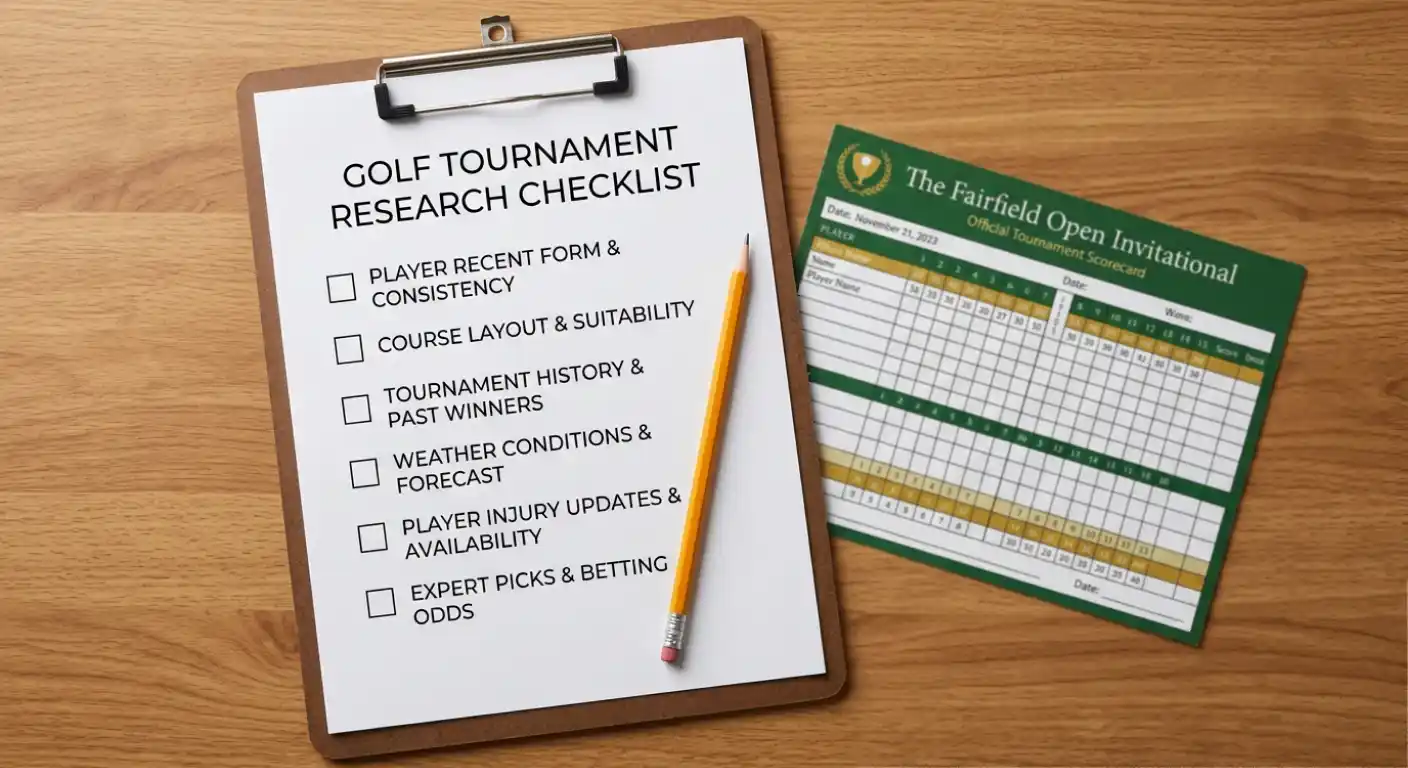 Handwritten form guide checklist on a clipboard next to a golf scorecard and pen