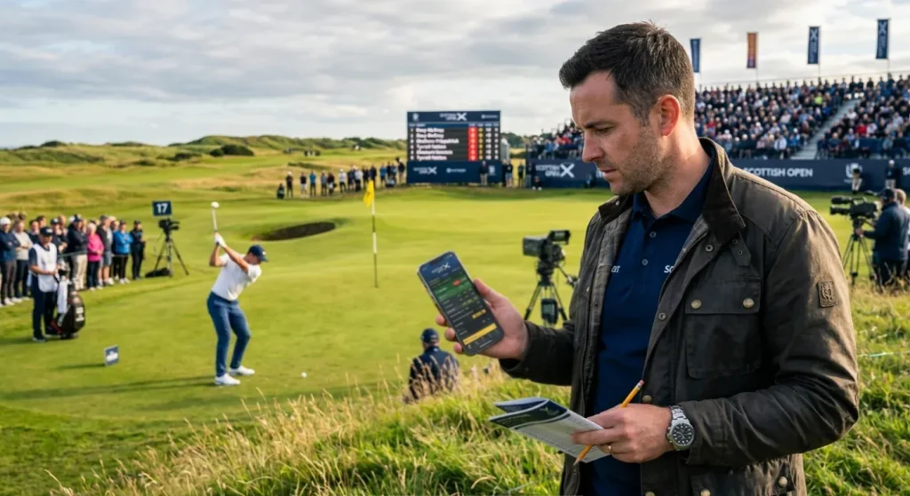 Smartphone showing live golf in-play betting odds during a professional tournament round