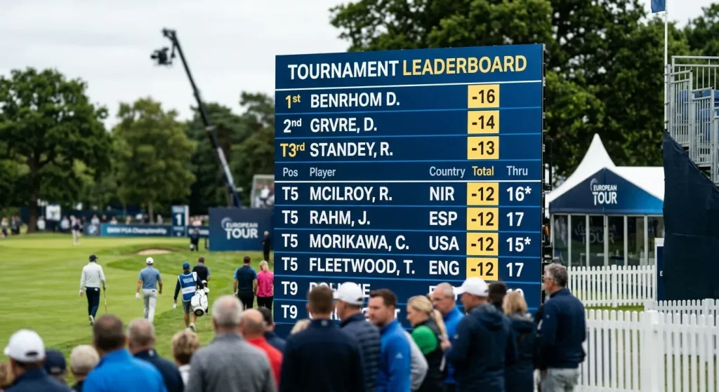 Tournament leaderboard showing four players tied for fifth place in a professional golf event