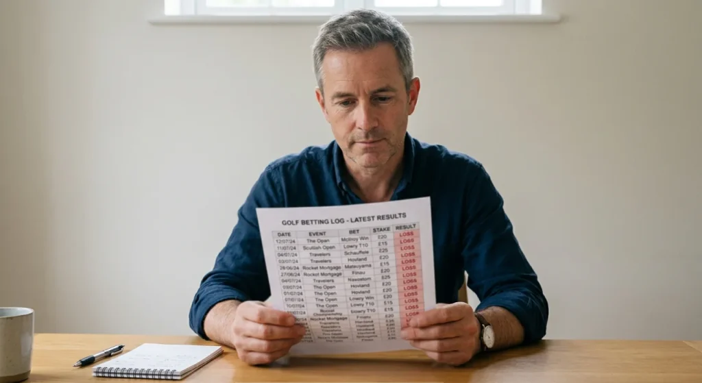 Graph showing a golf bettor experiencing a consecutive losing run illustrating the variance of each-way betting