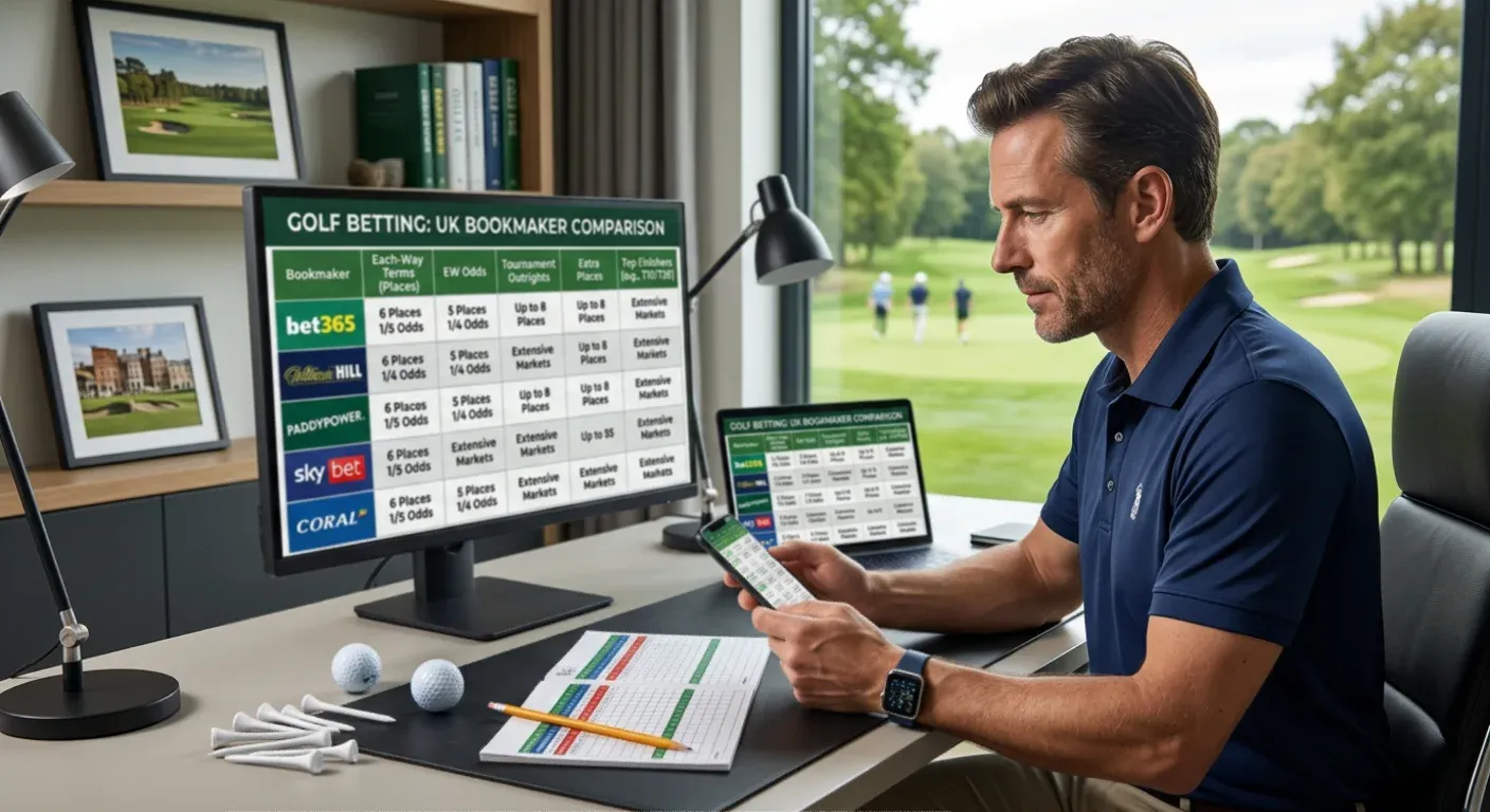 Golf betting market depth comparison showing number of markets available across top UK bookmakers