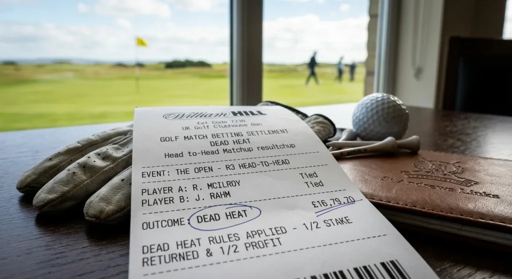 Golf match betting settlement showing dead heat outcome where both players finish tied