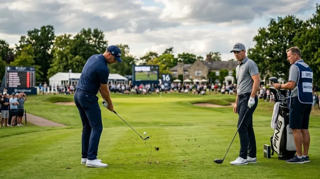 Two golfers competing in a professional tournament in a head-to-head matchup context