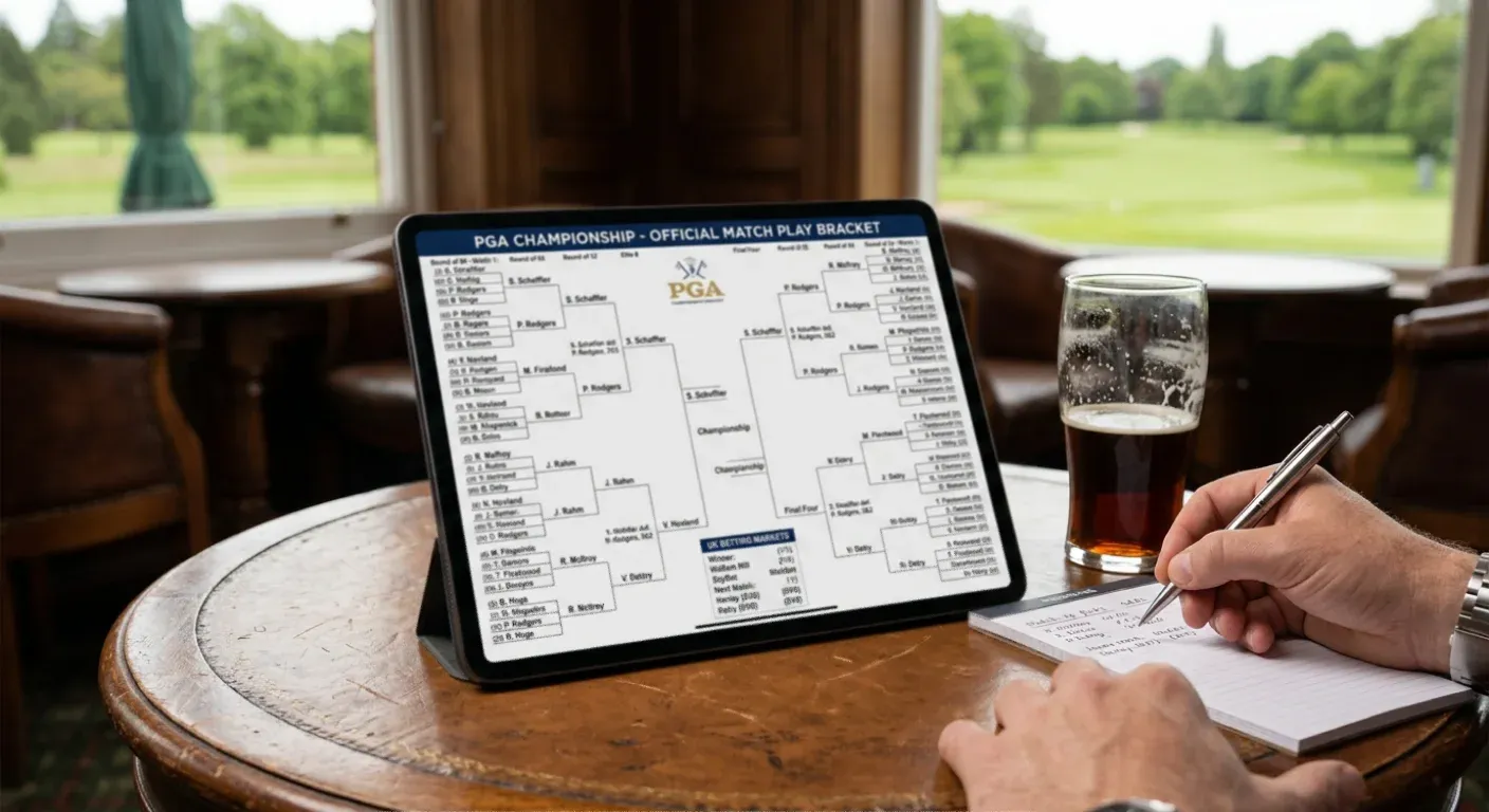 Match play bracket in professional golf event showing head-to-head knockout round structure
