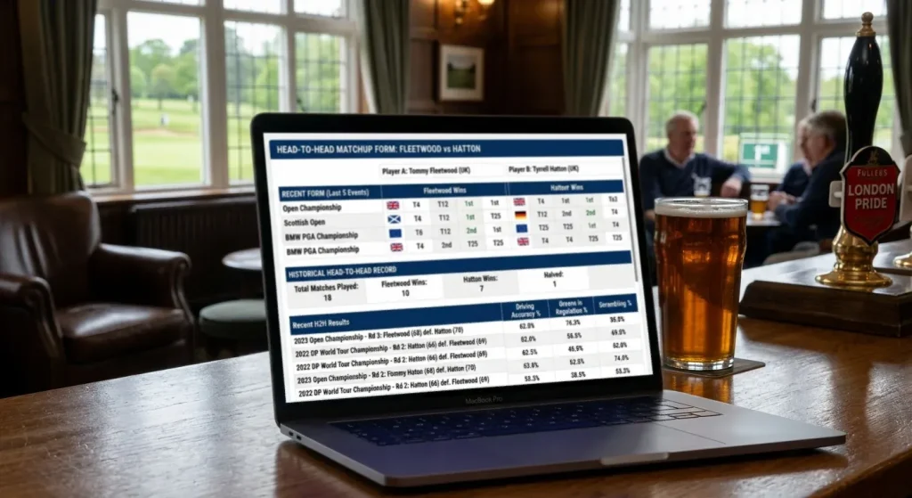 Head-to-head golf matchup form data showing recent results and historical record between players