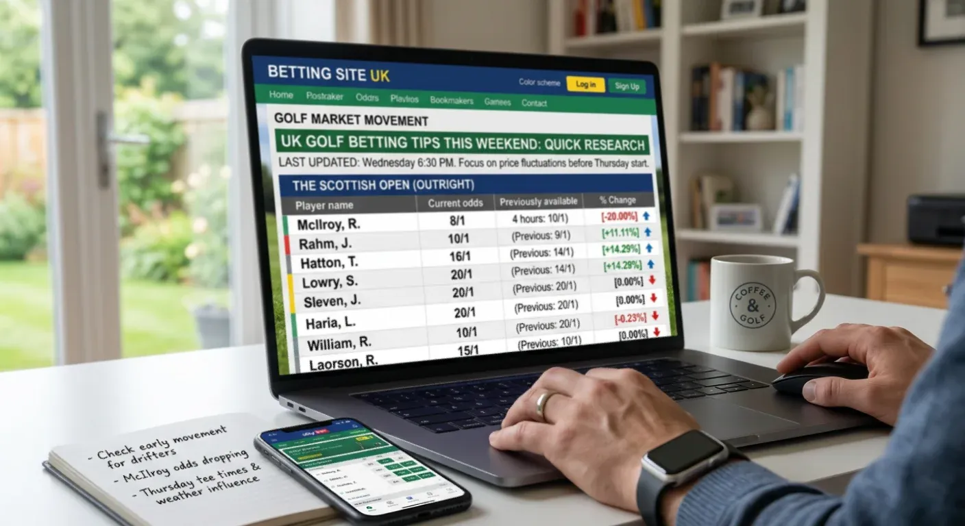 Bookmaker golf odds screen showing pre-event price movement before tournament Thursday start