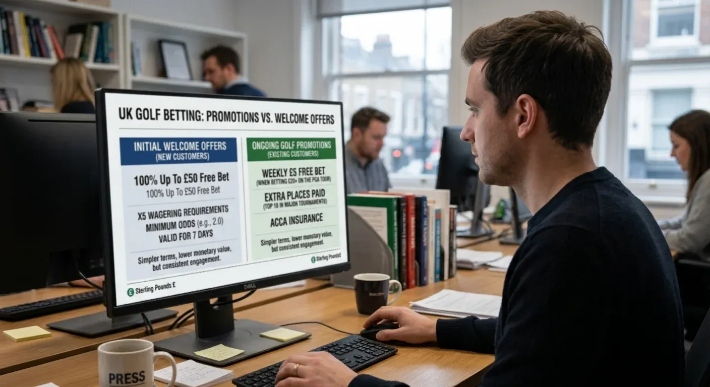 Comparison of ongoing golf betting promotions versus initial welcome offer terms and value