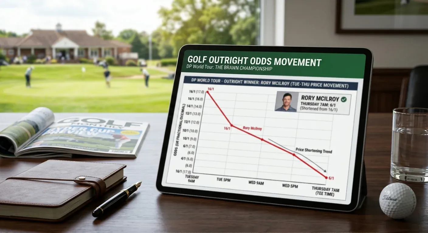 Golf outright odds movement chart showing price shortening from Tuesday to Thursday tee time