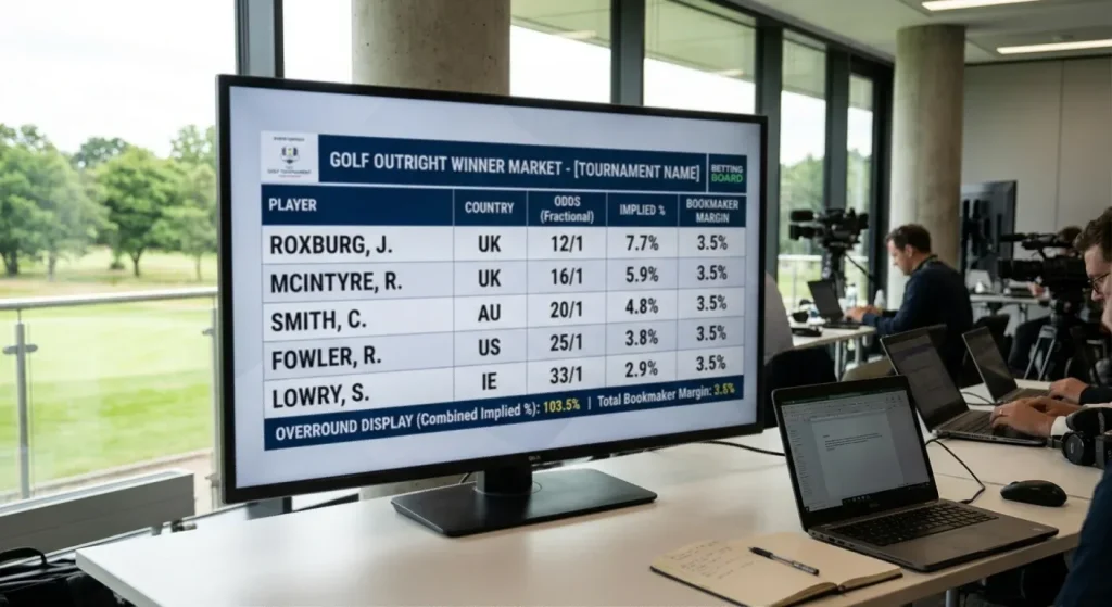 Golf outright winner market showing overround and bookmaker margin in odds column