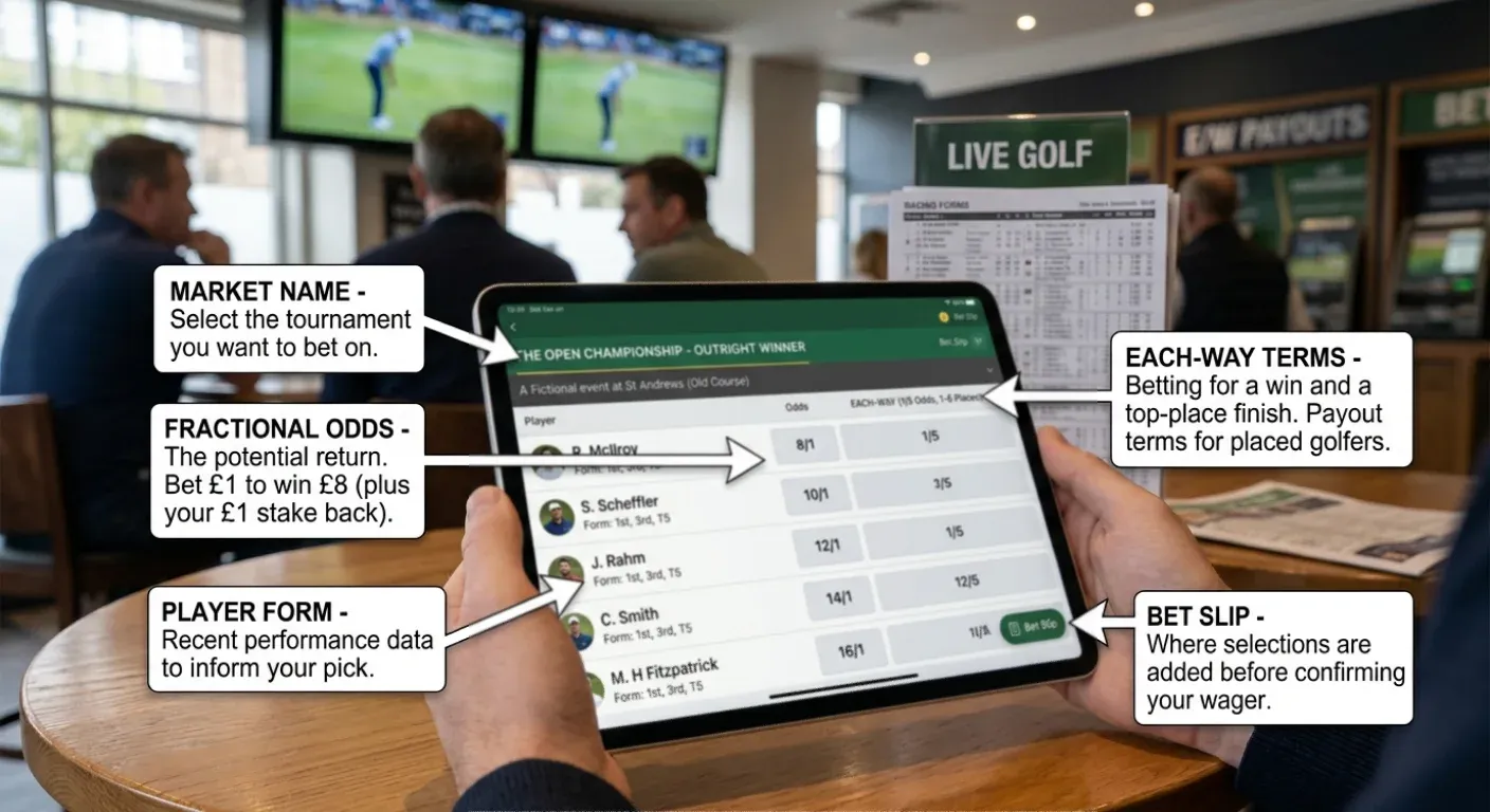 Golf outright winner market on screen with annotations explaining each component of the display