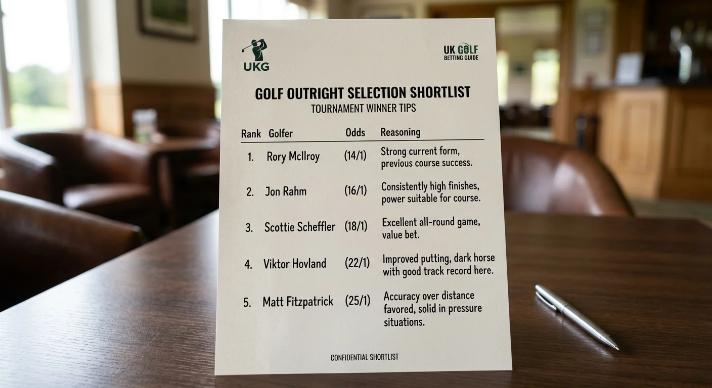 Printed list of five golf outright candidates with odds and selection reasoning noted