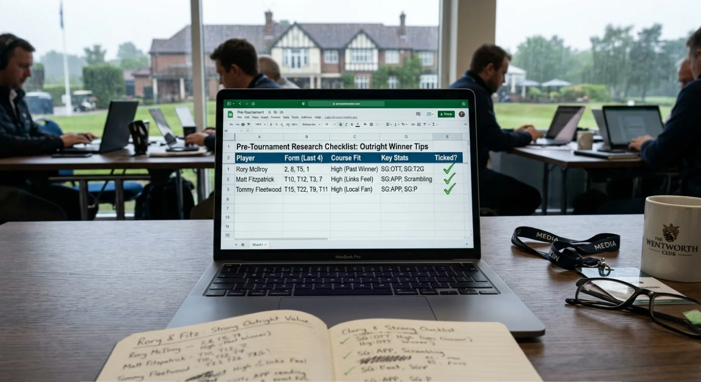 Golf tournament pre-bet research checklist with course fit form and stats items ticked