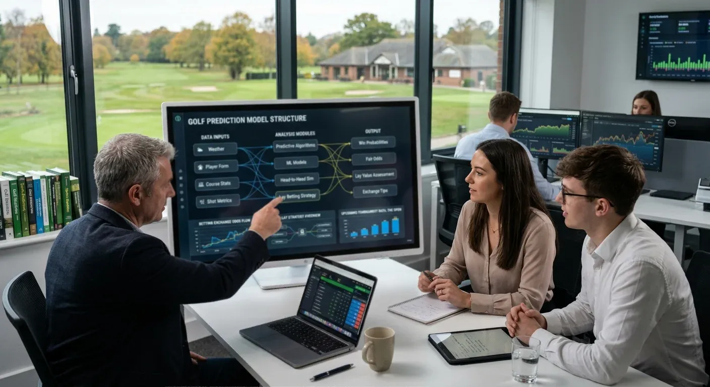 Golf betting prediction model structure showing input data categories and weighting framework