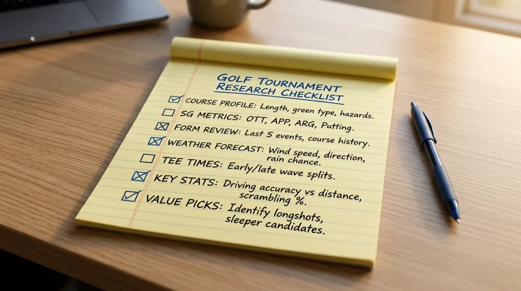 Golf betting research checklist showing course analysis form metrics and player shortlist steps