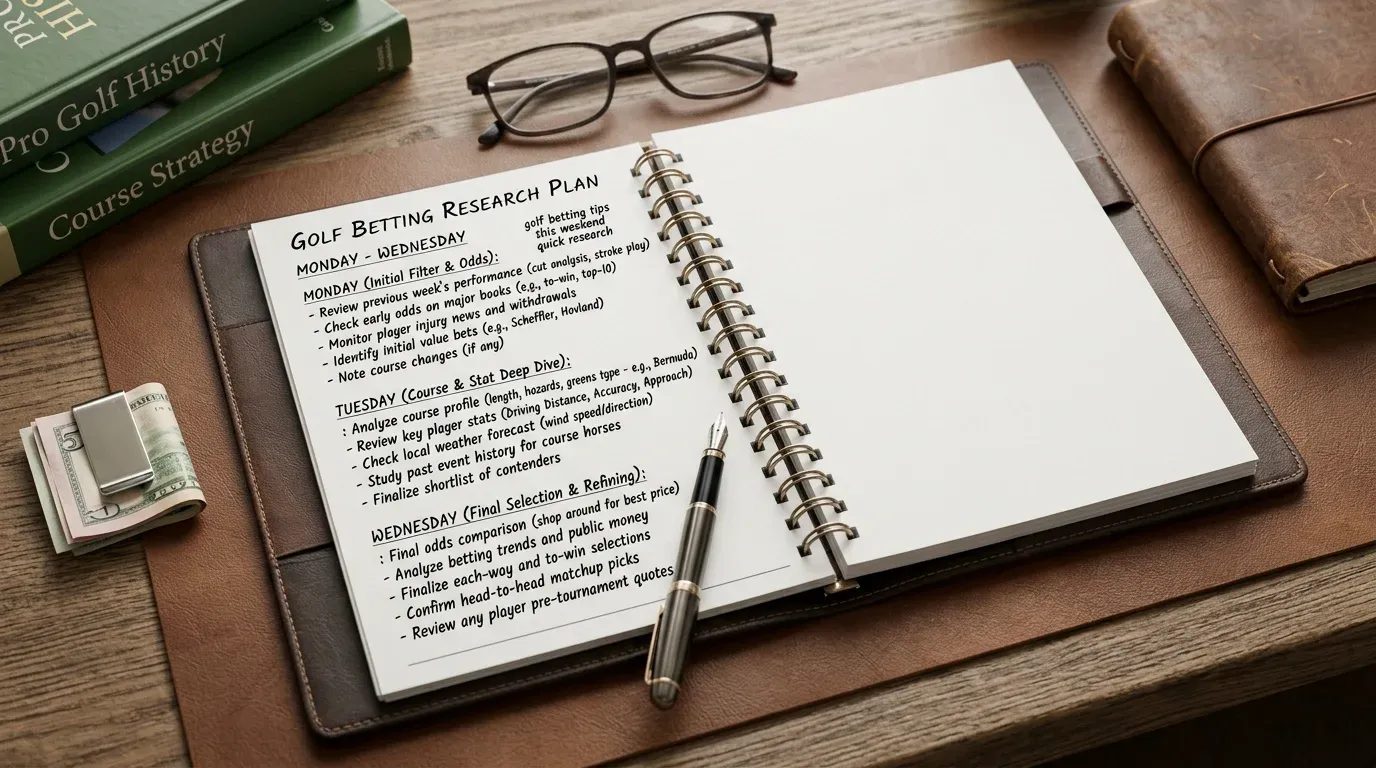 Weekly planner showing structured golf betting research steps from Monday to Wednesday
