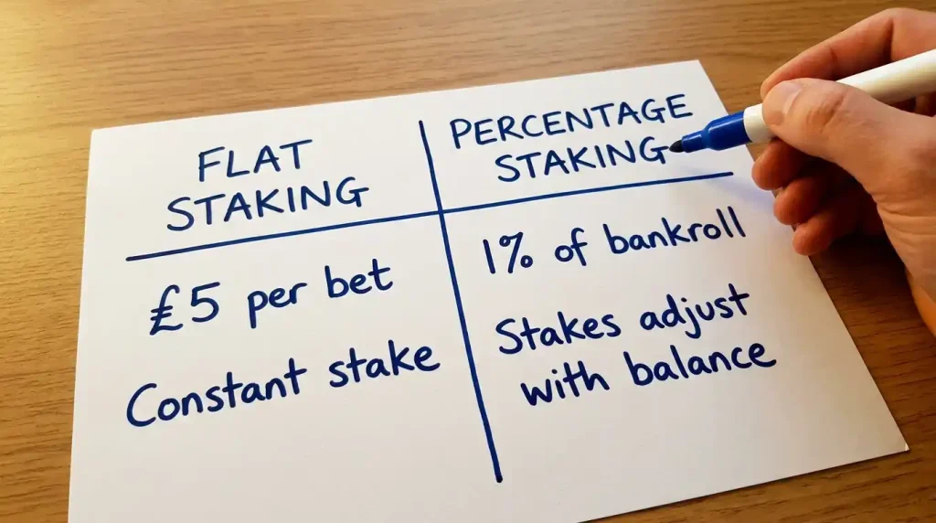 Golf betting staking plan comparison showing flat staking versus percentage staking on a simple chart