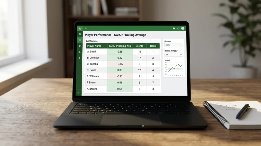 Golf statistics analysis platform showing rolling Strokes Gained averages for tournament research