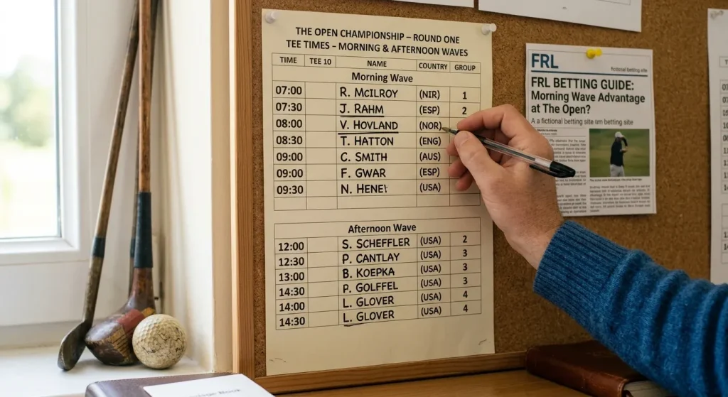 Golf tee time sheet showing morning and afternoon wave assignments for tournament round one