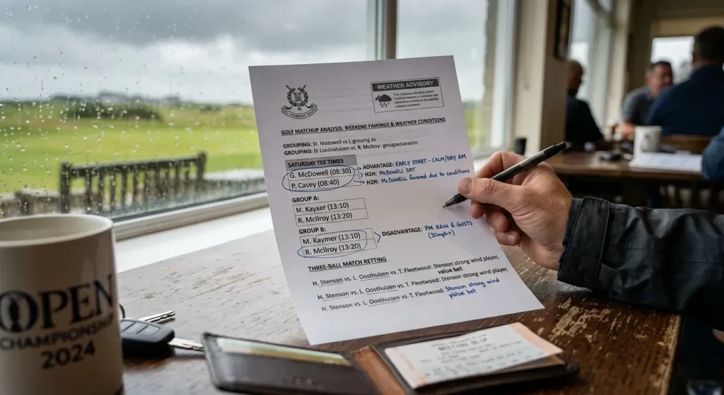 Golf tee time grouping sheet with annotations showing weather advantage for matchup betting