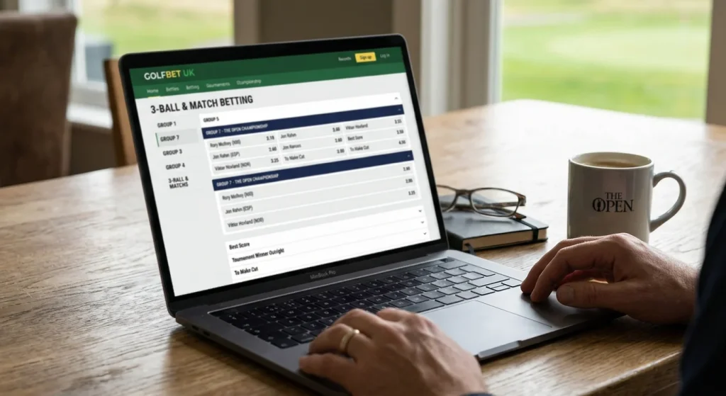 Three-ball golf betting market showing odds for group of players on an online platform