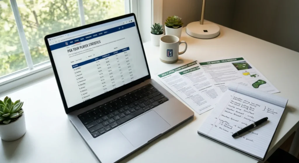 Golf bettor at a desk reviewing tournament statistics and form guides before placing bets