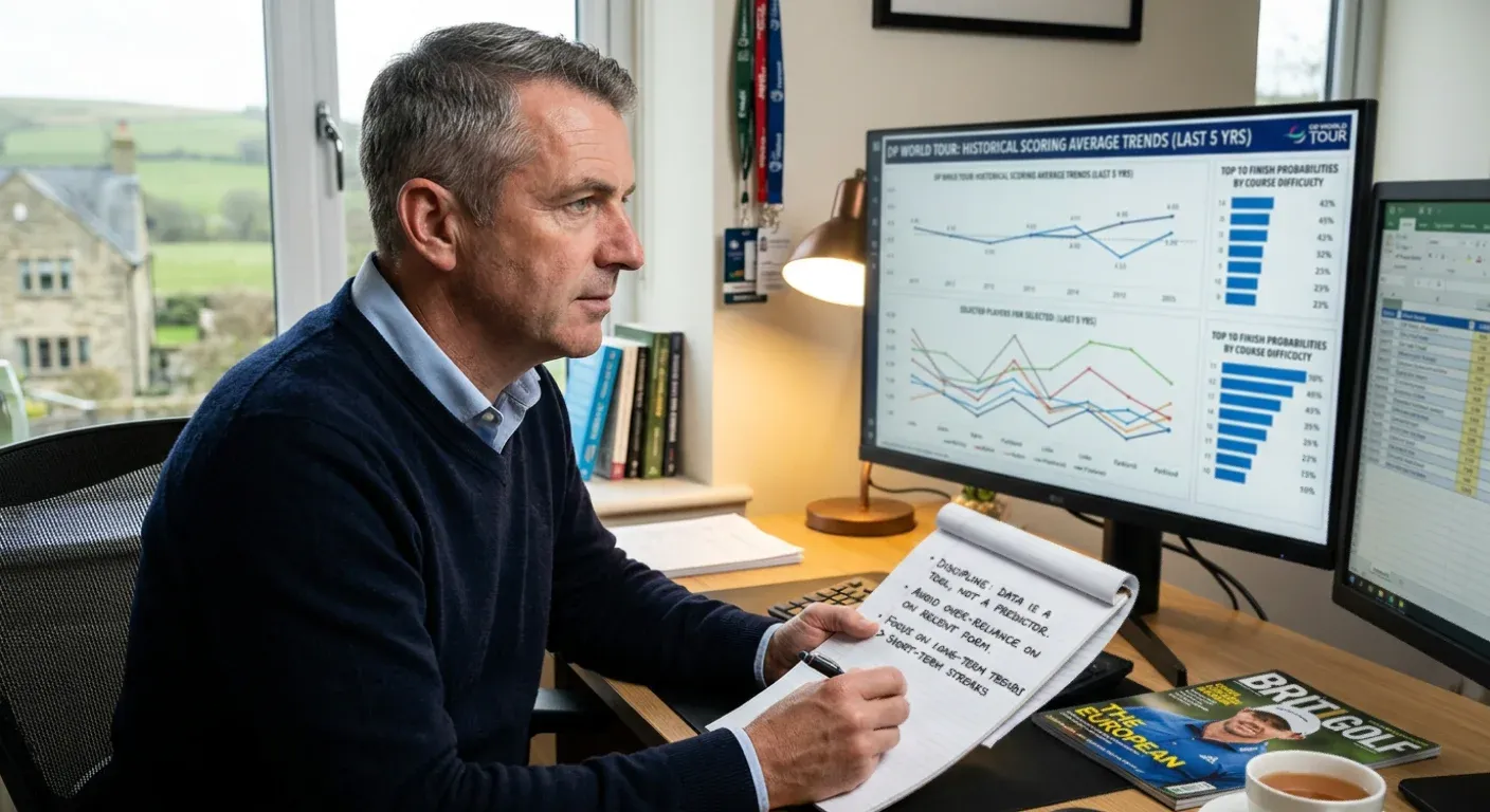 Golf analyst reviewing long-term trend data with discipline notes to avoid over-reliance