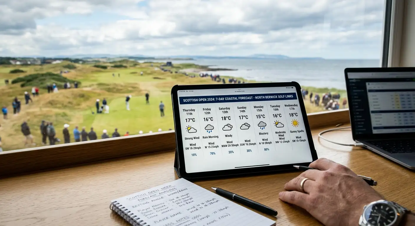 Seven-day weather forecast screen for a coastal golf venue used in tournament betting research