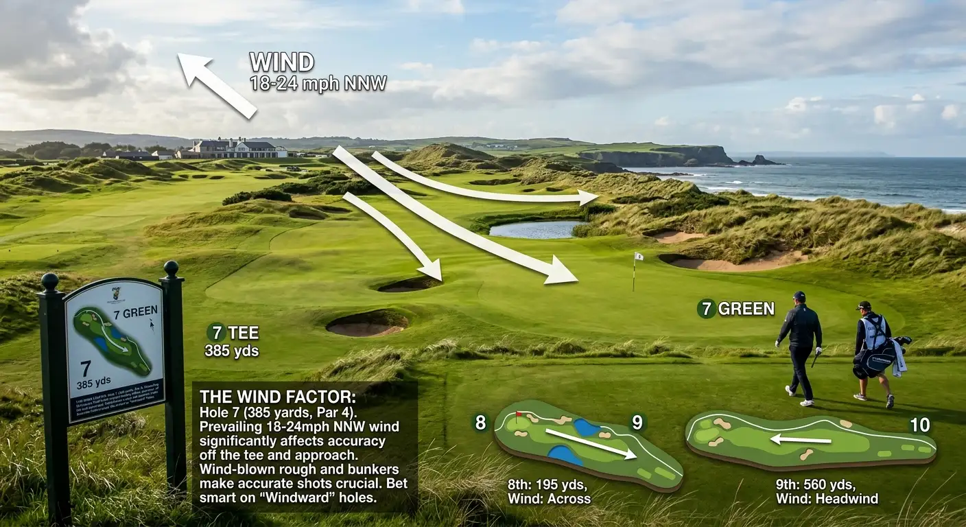 Golf course layout with wind direction arrows showing how wind angles affect each hole
