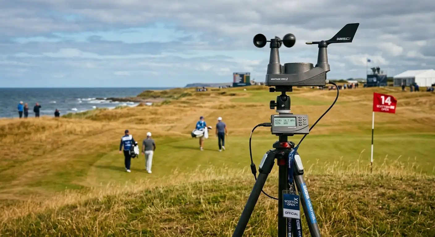 Anemometer recording wind speed at a seaside links golf course during tournament conditions