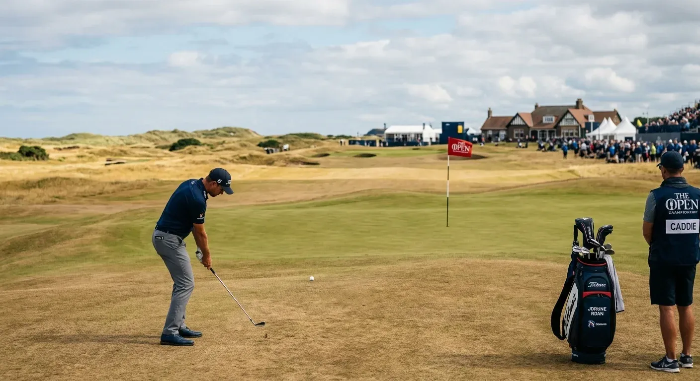 Golfer executing bump-and-run approach along firm links fairway towards hole