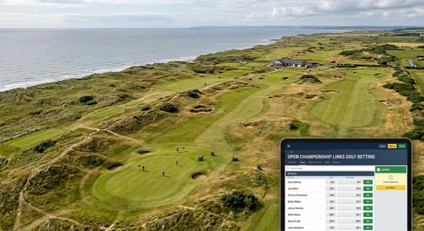 Aerial view of traditional links golf course along British coastline with natural undulating terrain