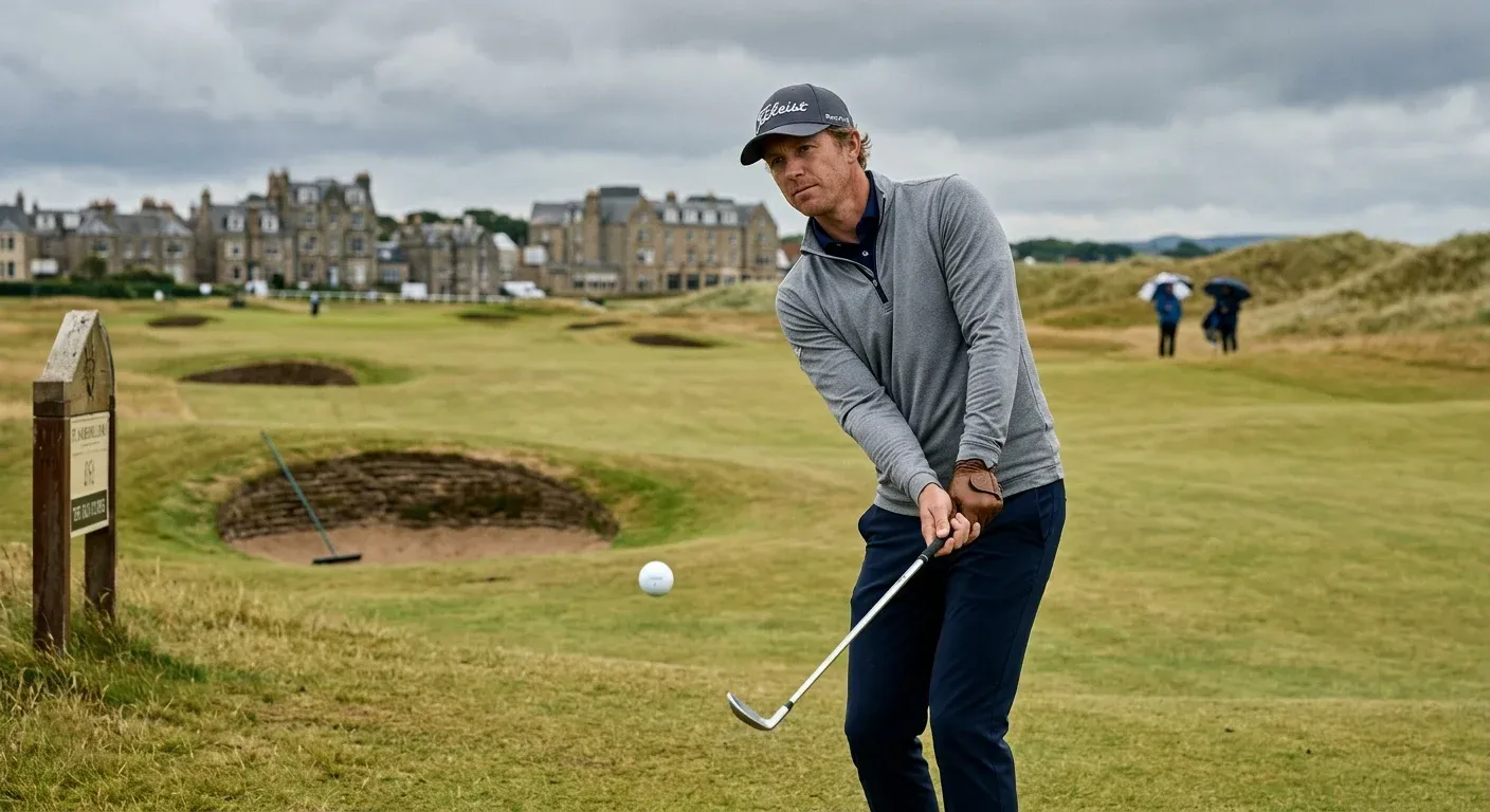 Golfer hitting low punch shot into headwind on a links course demonstrating trajectory control
