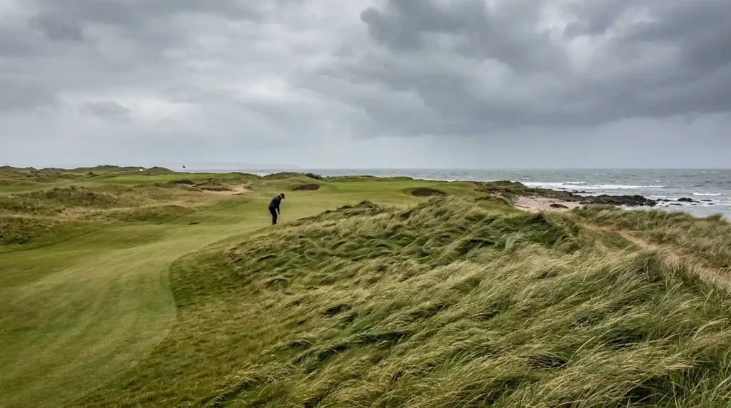 Links golf course with visible wind conditions affecting play illustrating weather impact on betting