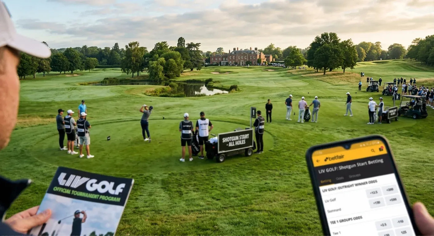 LIV Golf shotgun start with multiple groups beginning simultaneously across a championship course