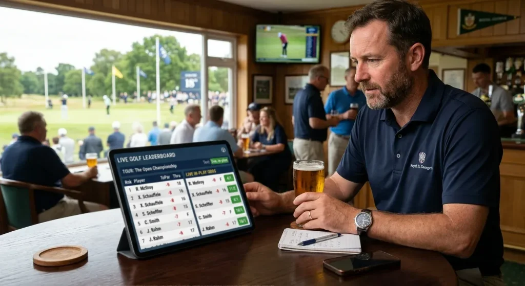 Live golf tournament leaderboard alongside in-play odds showing price movement during a round