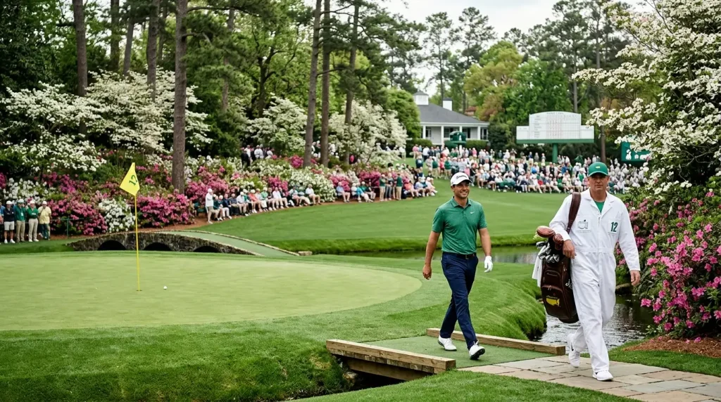 Augusta National golf course famous hole with immaculate green and azalea backdrop in spring