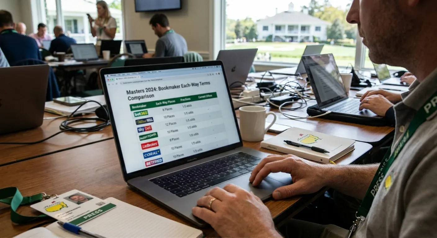 Bookmaker comparison screen showing Masters golf each-way place terms and fractions