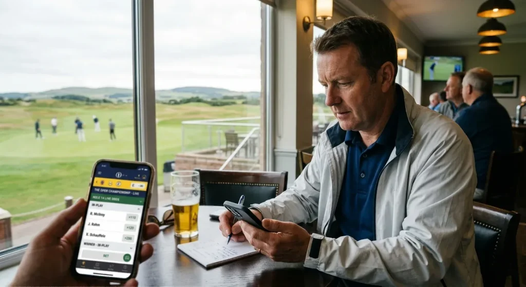 Mobile phone screen showing live golf betting app with real-time odds and cash-out option