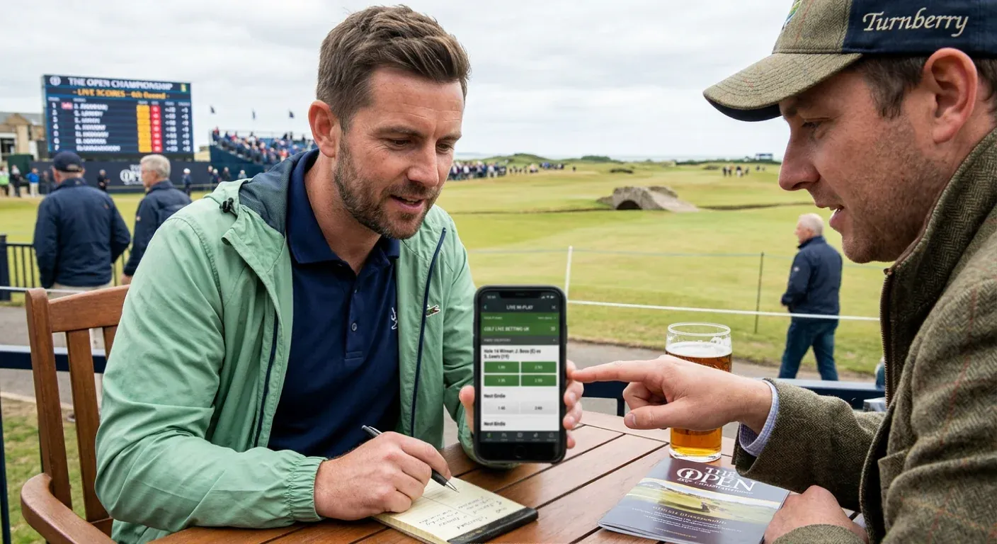 Mobile phone screen showing in-play golf betting interface during live tournament round