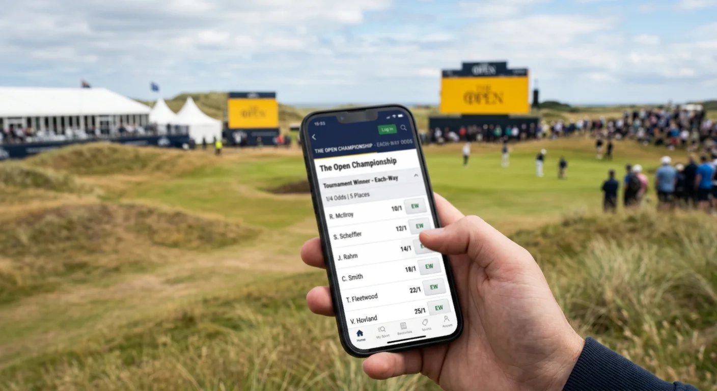Open Championship each-way betting odds showing place terms and fractions on UK platform