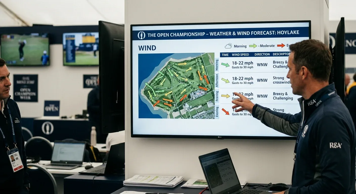 Weather forecast display for an Open Championship venue showing wind strength and direction