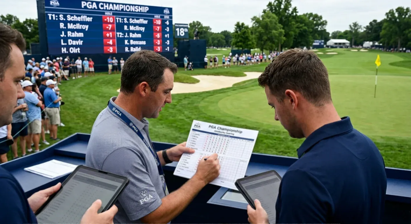 Professional golf strokeplay scoring in progress at a PGA Tour event with scorecard visible