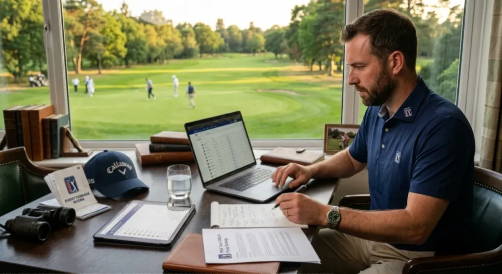 Analyst researching PGA Tour free picks using online statistics and form data on laptop