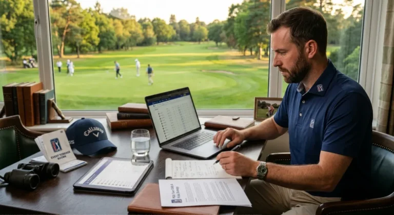 Analyst researching PGA Tour free picks using online statistics and form data on laptop