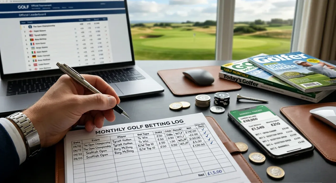 Golf betting profit and loss tracker showing responsible staking and session recording
