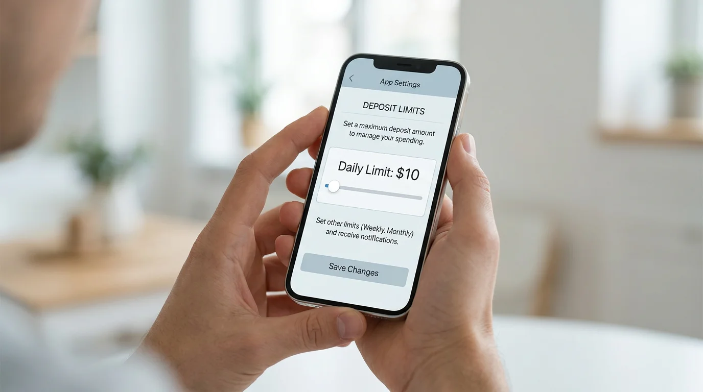 Person setting a deposit limit on a mobile banking app with a calm focused expression